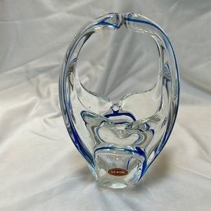 Art Glass Deco Clear with Blue Ribbon Split Handle Pinched Basket